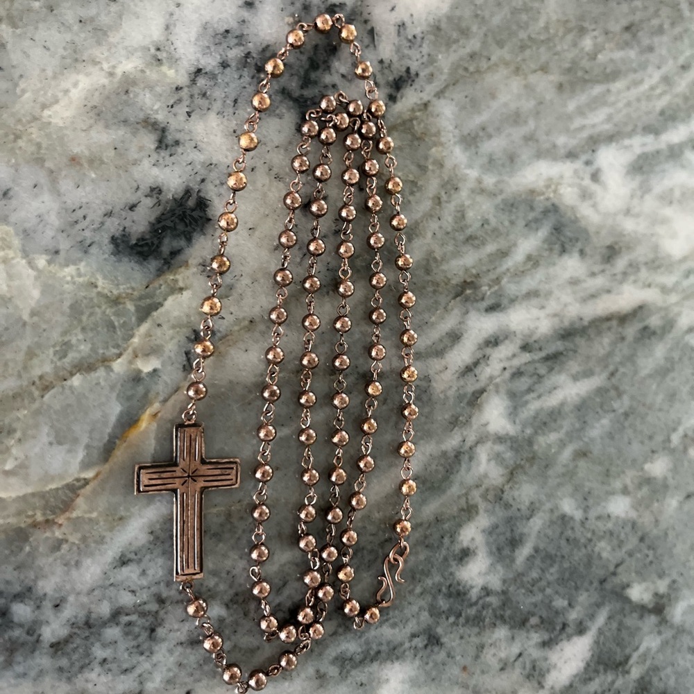 VIRGIN SAINTS & ANGELS ROSE GOLD BEAD BALL SANTISIMO CROSS WRAP NECKLACE.
